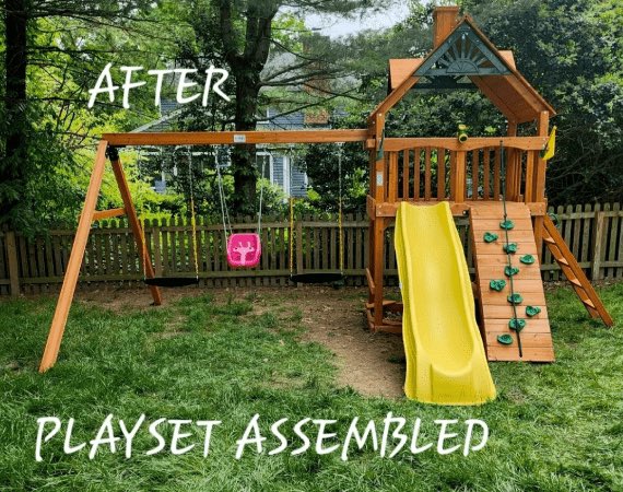 Wooden backyard playset with swings and a yellow slide, fully assembled